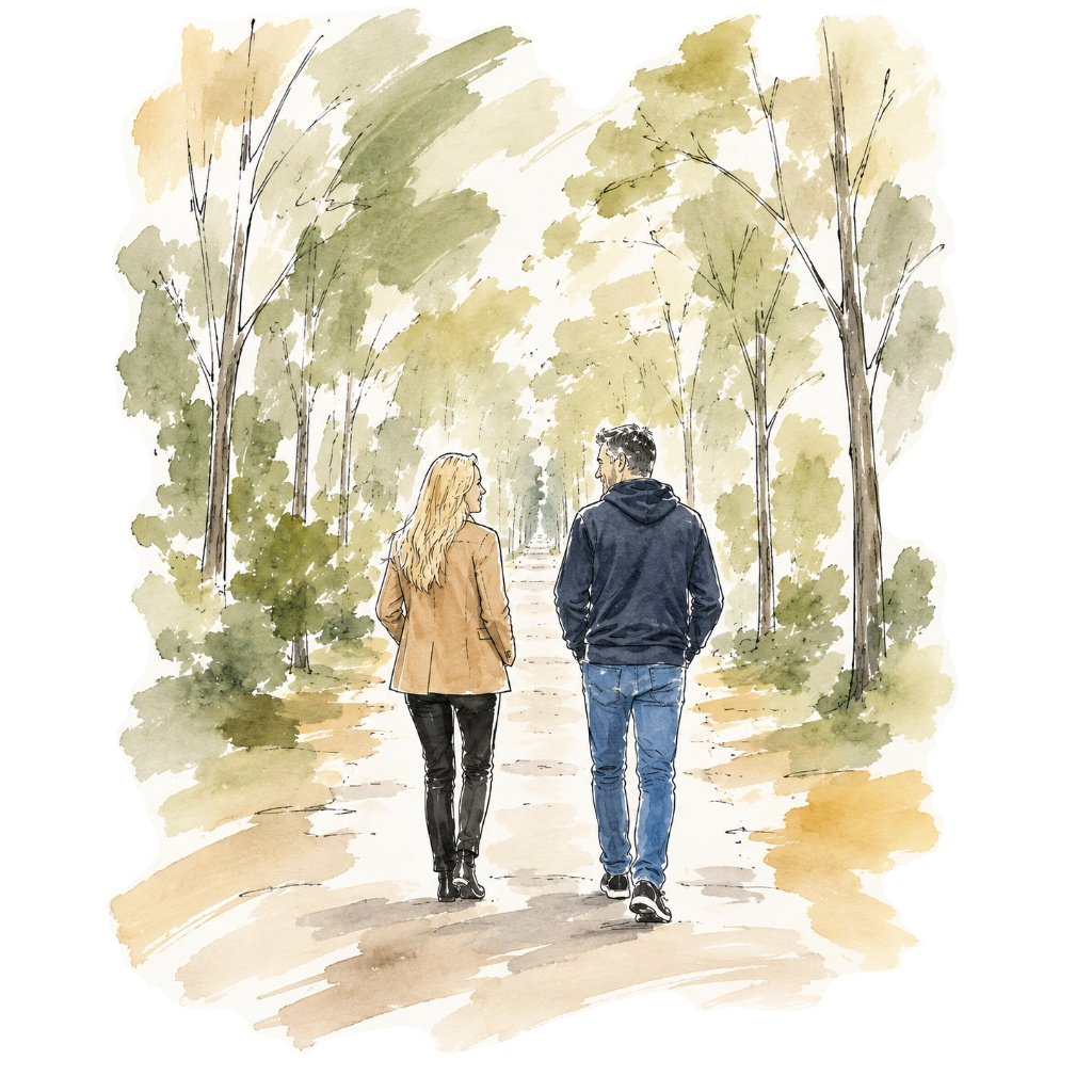 Ink drawing with watercolour wash of Language Walks showing a woman and a man walking in the park and talking in another language.
